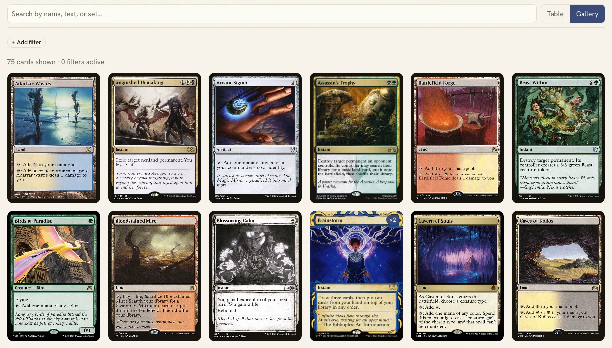 FiveColorFolio gallery view showing two complete rows of card artwork with search and view controls