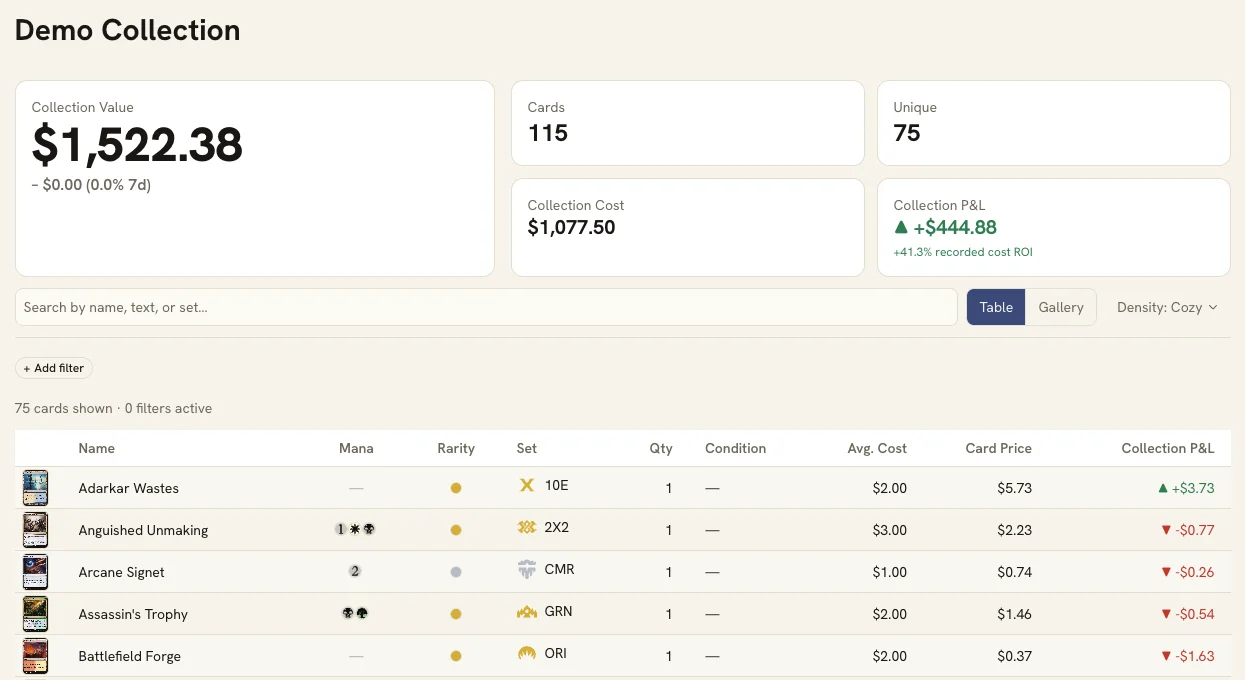 FiveColorFolio demo showing collection value, cost basis, profit and loss, search, and individual card rows