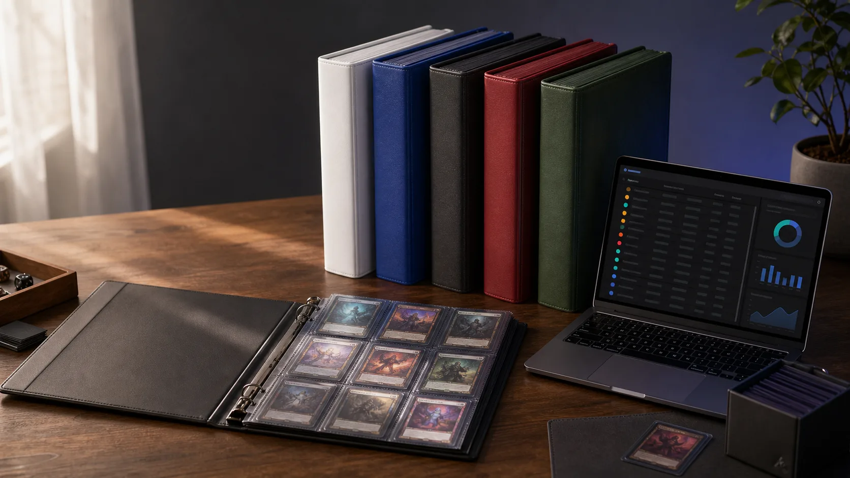 Five color-coded card binders beside an organized digital collection ledger